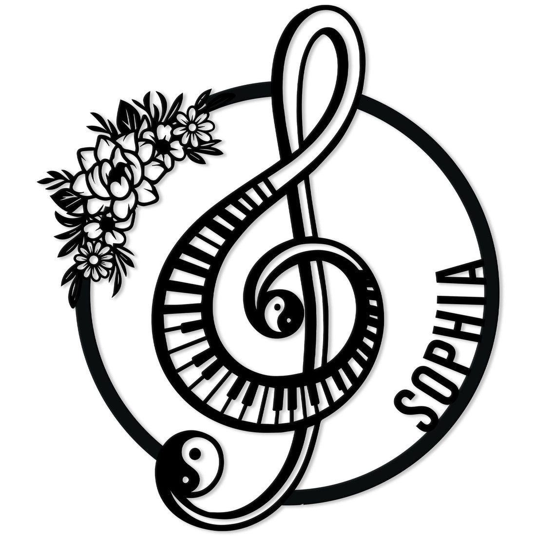 Decorative piano metal sign with a treble clef, piano keys, yin yang symbol, and floral accents