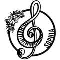 Decorative piano metal sign with a treble clef, piano keys, yin yang symbol, and floral accents