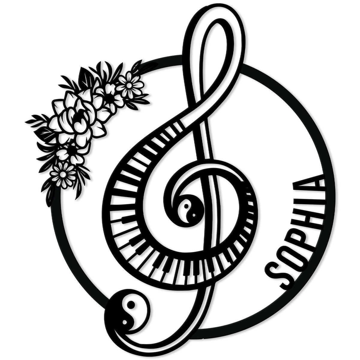 Decorative piano metal sign with a treble clef, piano keys, yin yang symbol, and floral accents
