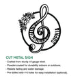Piano metal sign product infographic showing the treble clef and floral design with cut steel sign features