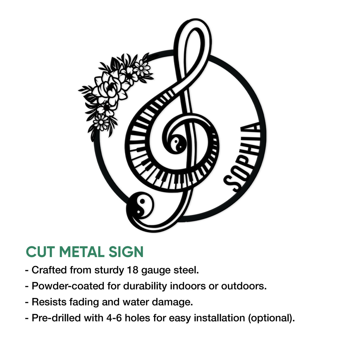 Piano metal sign product infographic showing the treble clef and floral design with cut steel sign features