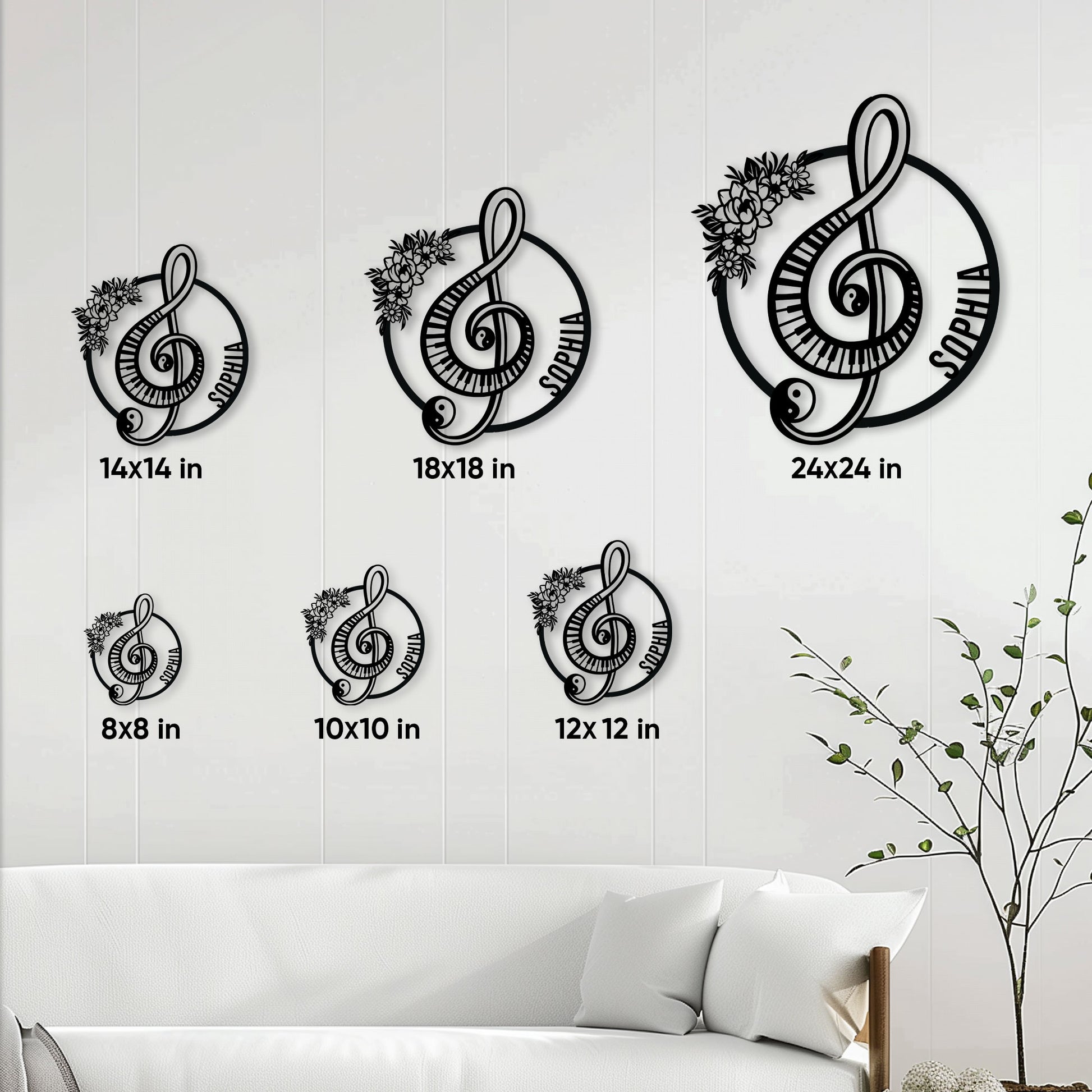 Piano metal sign size guide showing six square size options displayed above a modern white sofa