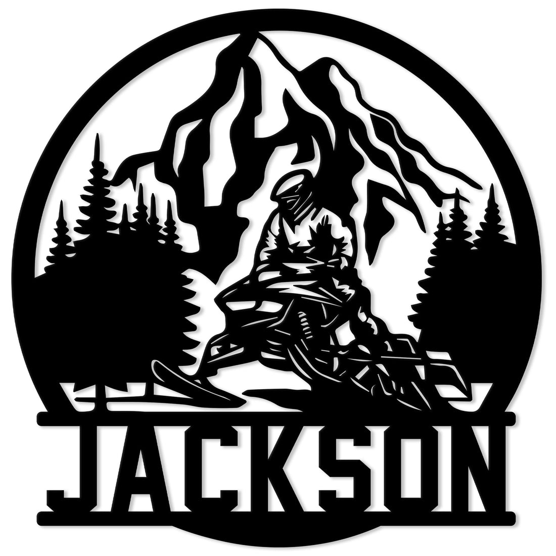 Snowmobile metal sign featuring a rider crossing a mountain landscape with pine trees in bold black silhouette