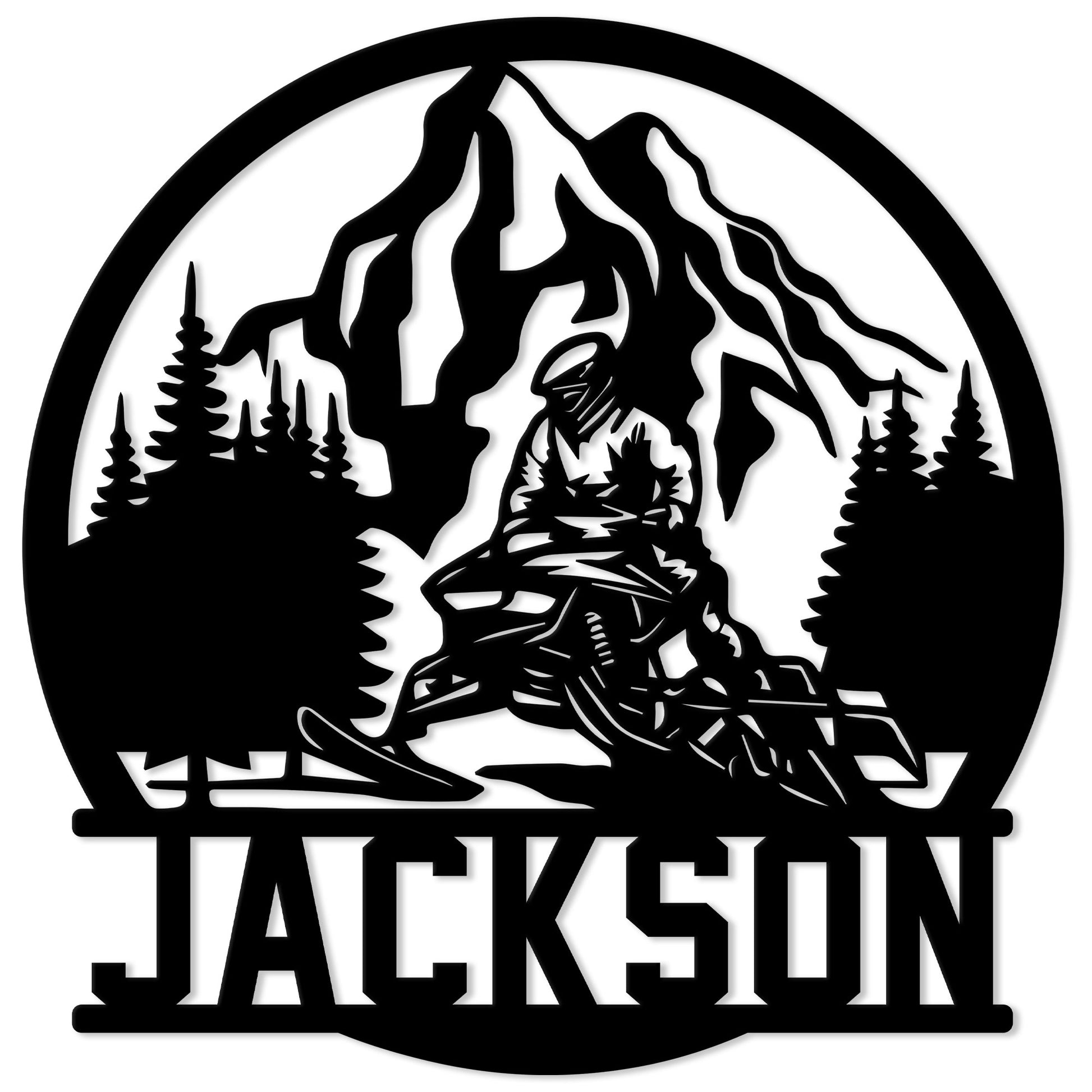 Snowmobile metal sign featuring a rider crossing a mountain landscape with pine trees in bold black silhouette