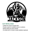 Snowmobile cut metal sign feature graphic showing a mountain rider design for indoor or outdoor display