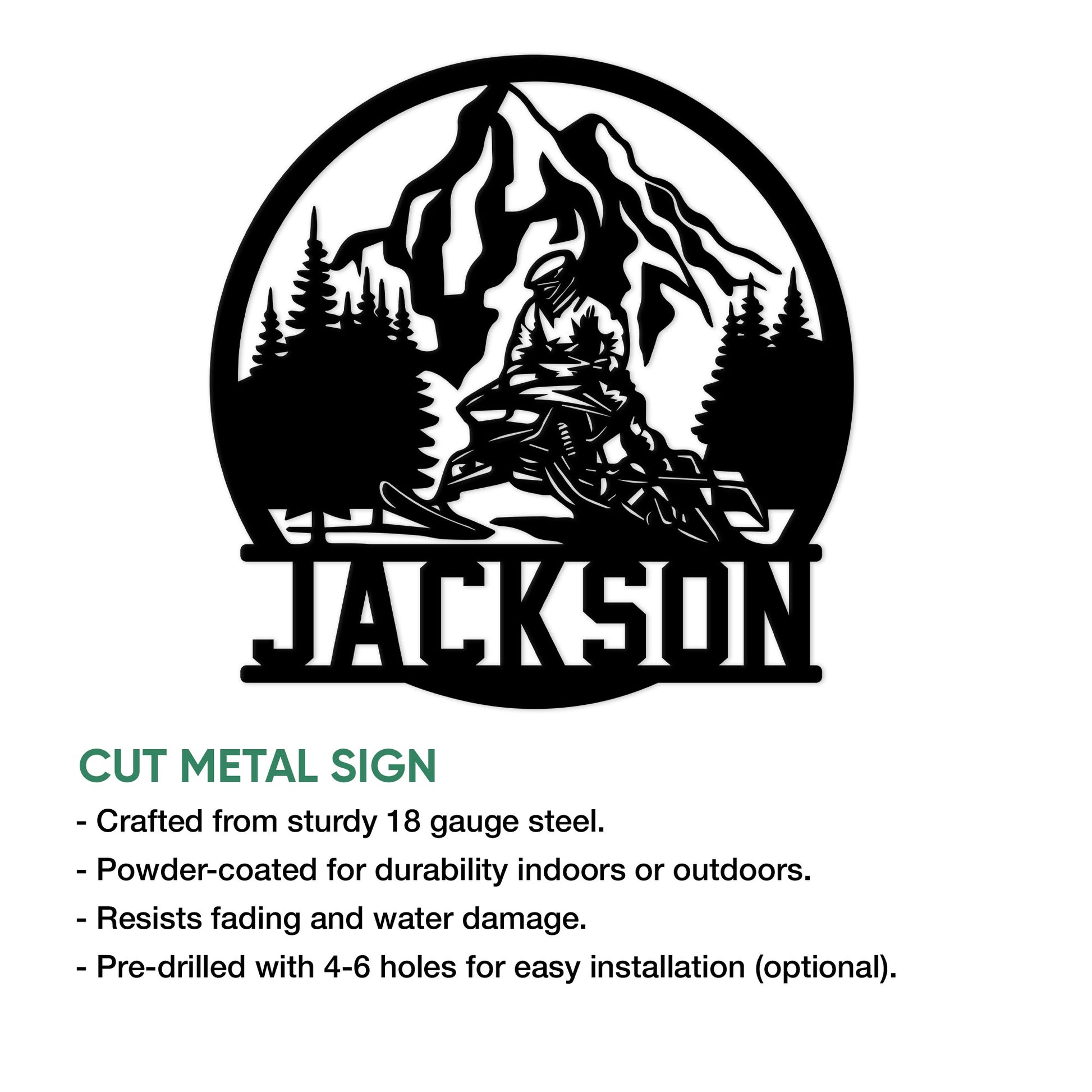Snowmobile cut metal sign feature graphic showing a mountain rider design for indoor or outdoor display