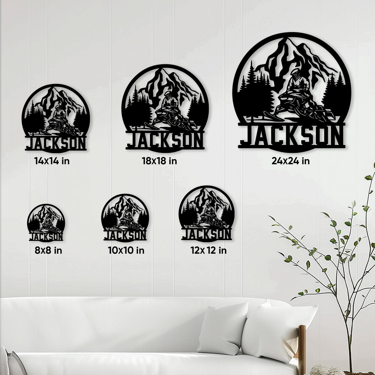 Snowmobile metal sign size guide displaying six square size options from 8 by 8 to 24 by 24 inches