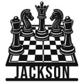 Chess metal sign featuring a king, queen, knights, rooks, and pawns arranged over a classic chessboard