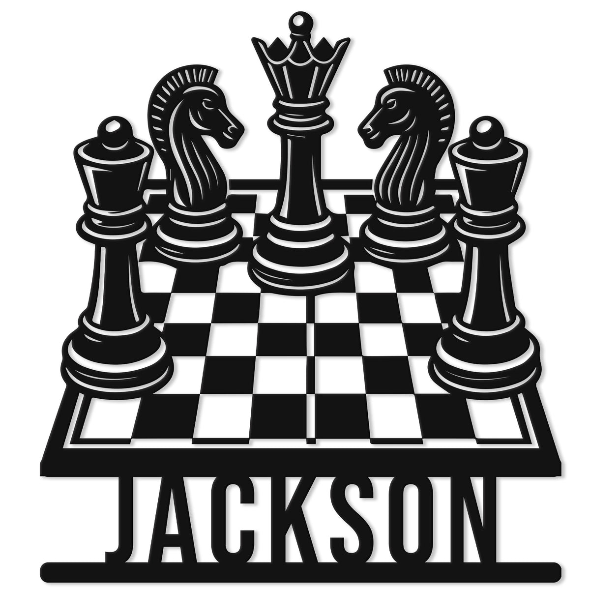 Chess metal sign featuring a king, queen, knights, rooks, and pawns arranged over a classic chessboard