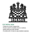 Chess cut metal sign shown with product feature information and a bold chess piece design