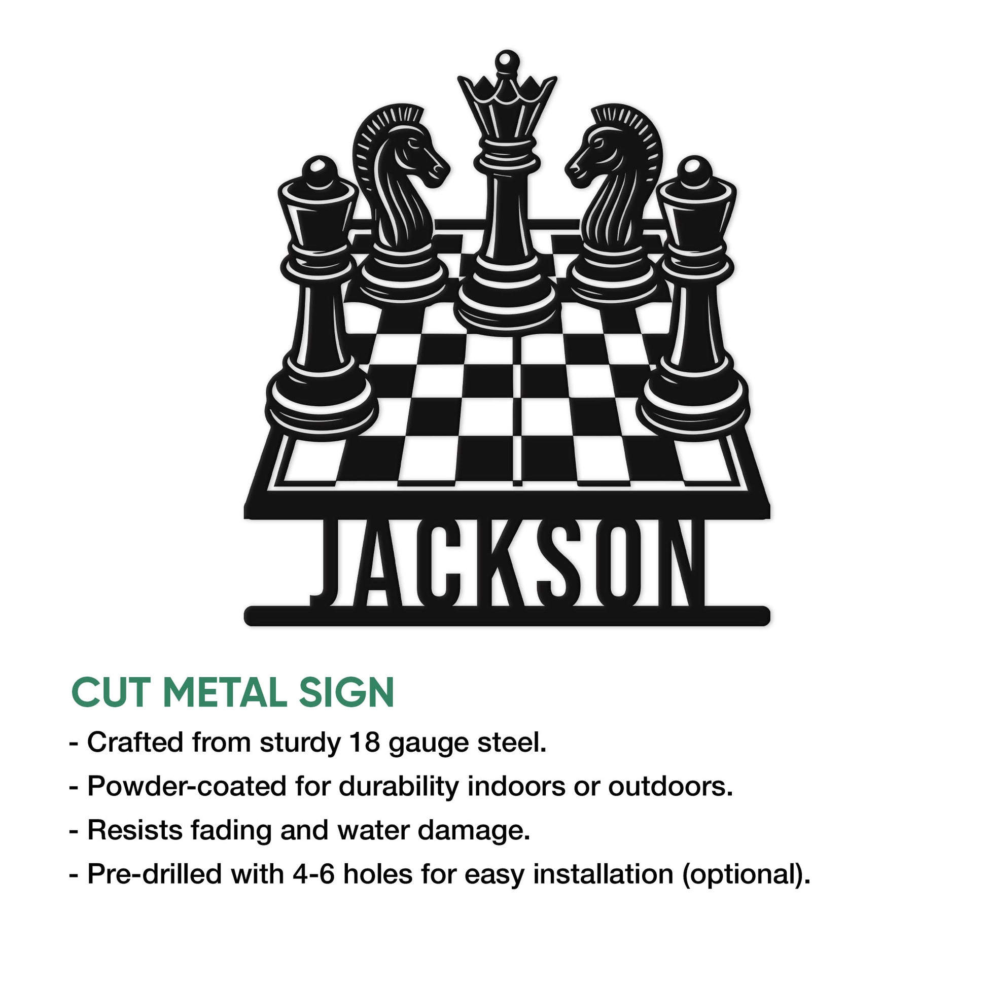 Chess cut metal sign shown with product feature information and a bold chess piece design