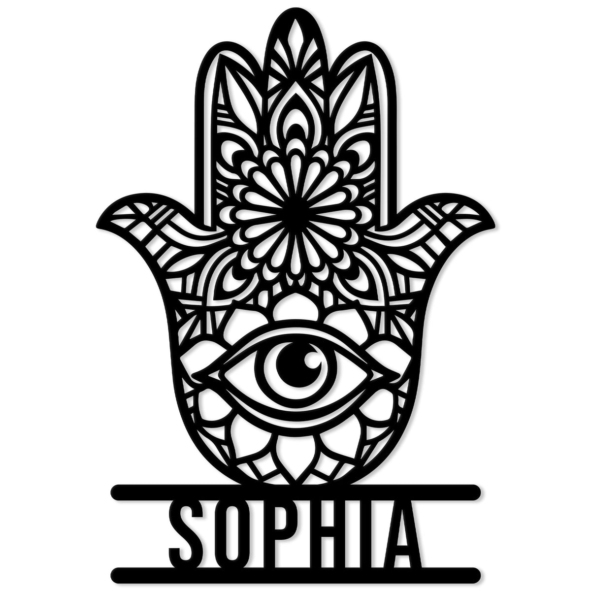 Ornate Hamsa hand metal sign with a central evil eye and floral mandala pattern