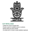 Evil Eye Hamsa metal sign shown with a product feature guide and decorative floral design