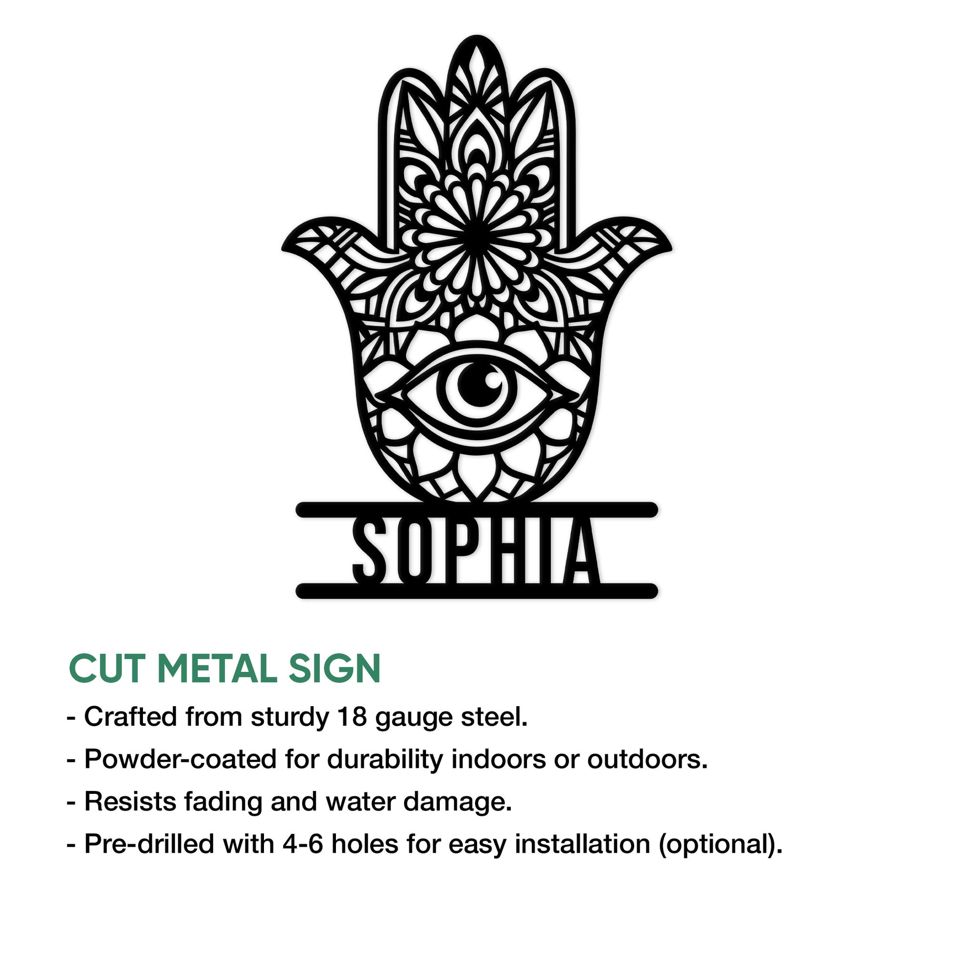 Evil Eye Hamsa metal sign shown with a product feature guide and decorative floral design
