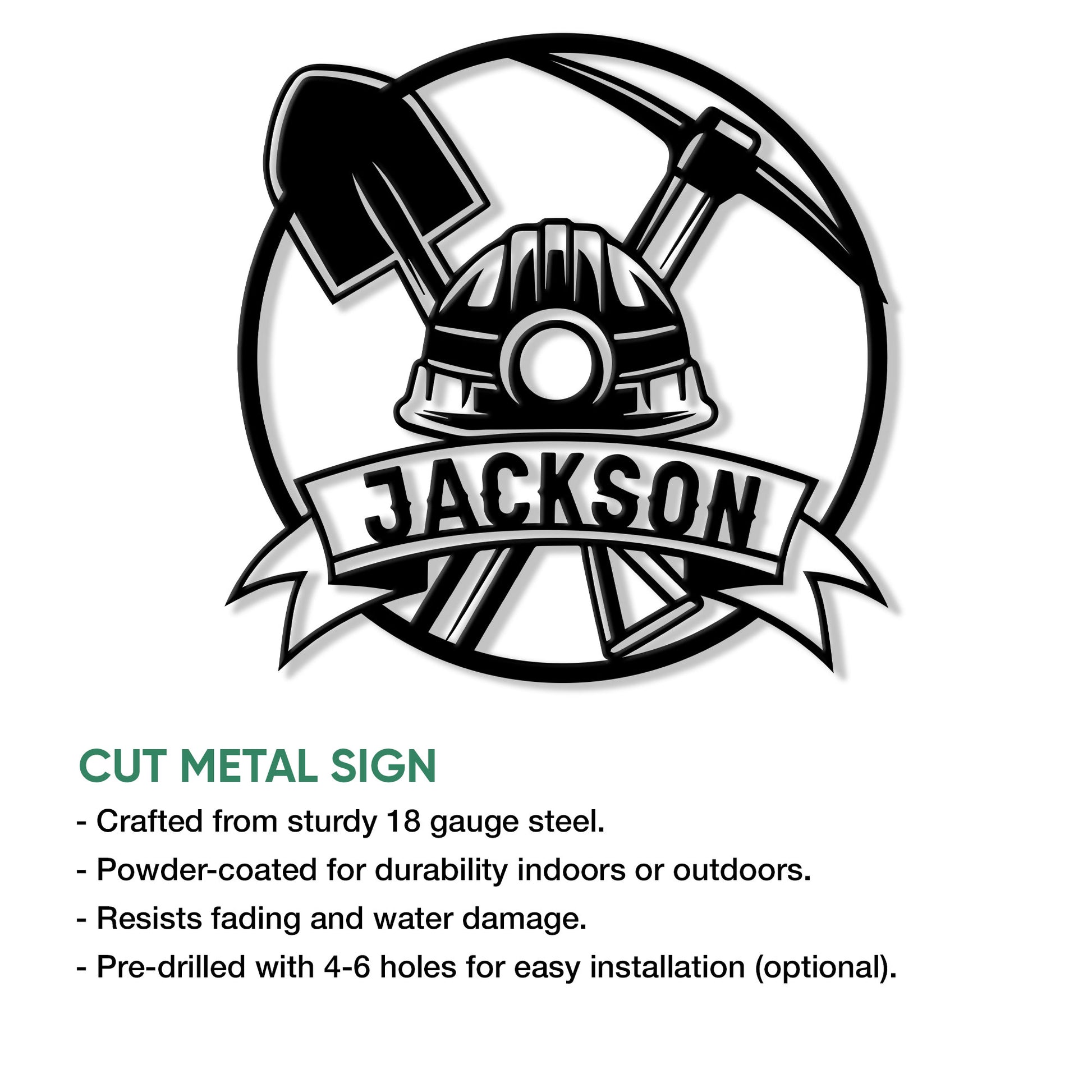 Miner cut metal sign artwork with a hard hat, pickaxe, shovel, and circular industrial emblem