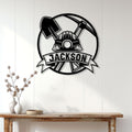 Miner metal wall sign displayed above a console table in a bright modern entryway