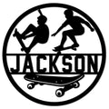 Round skateboarding metal sign with two skater silhouettes and a skateboard wall decor design