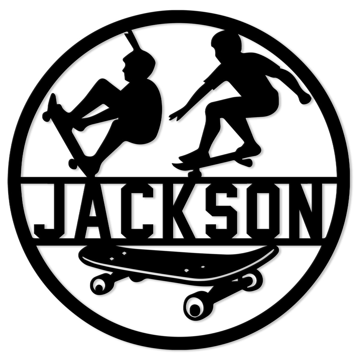 Round skateboarding metal sign with two skater silhouettes and a skateboard wall decor design