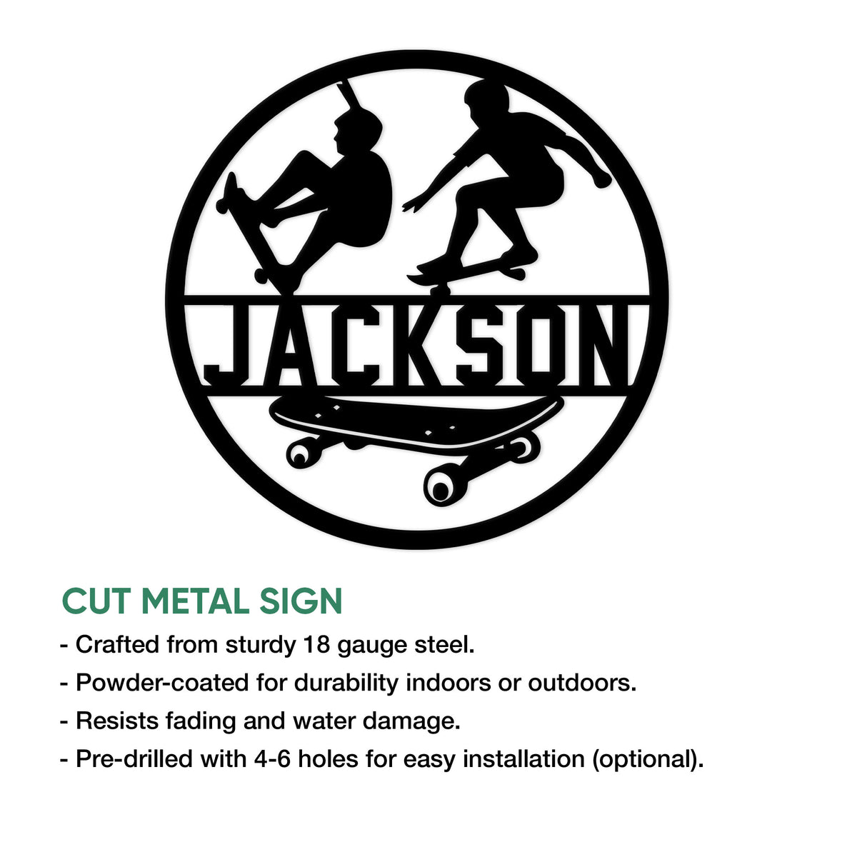 Skateboarding metal sign feature guide showing the circular skater silhouette design