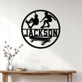Skateboard wall decor displayed on a bright paneled wall above a console table