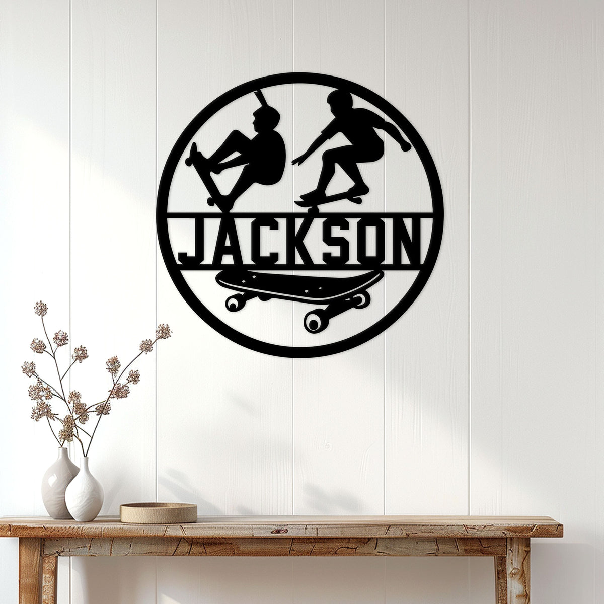 Skateboard wall decor displayed on a bright paneled wall above a console table