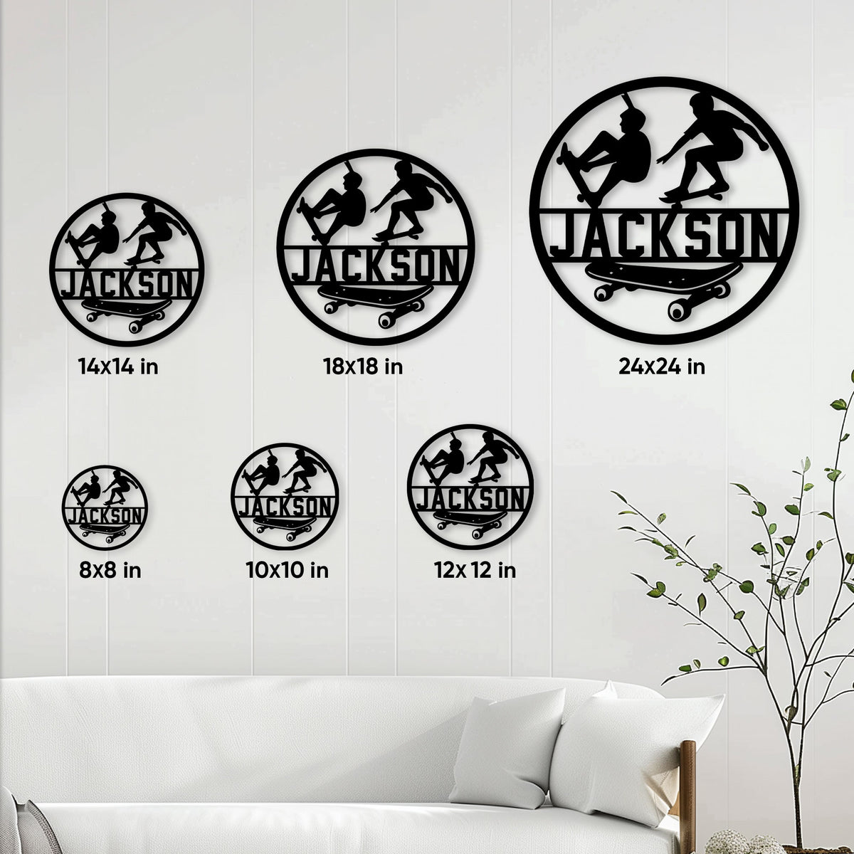 Skateboarding metal sign size guide showing six available circular sign dimensions