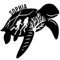 Black scuba diving metal sign featuring two divers and coral inside a sea turtle silhouette