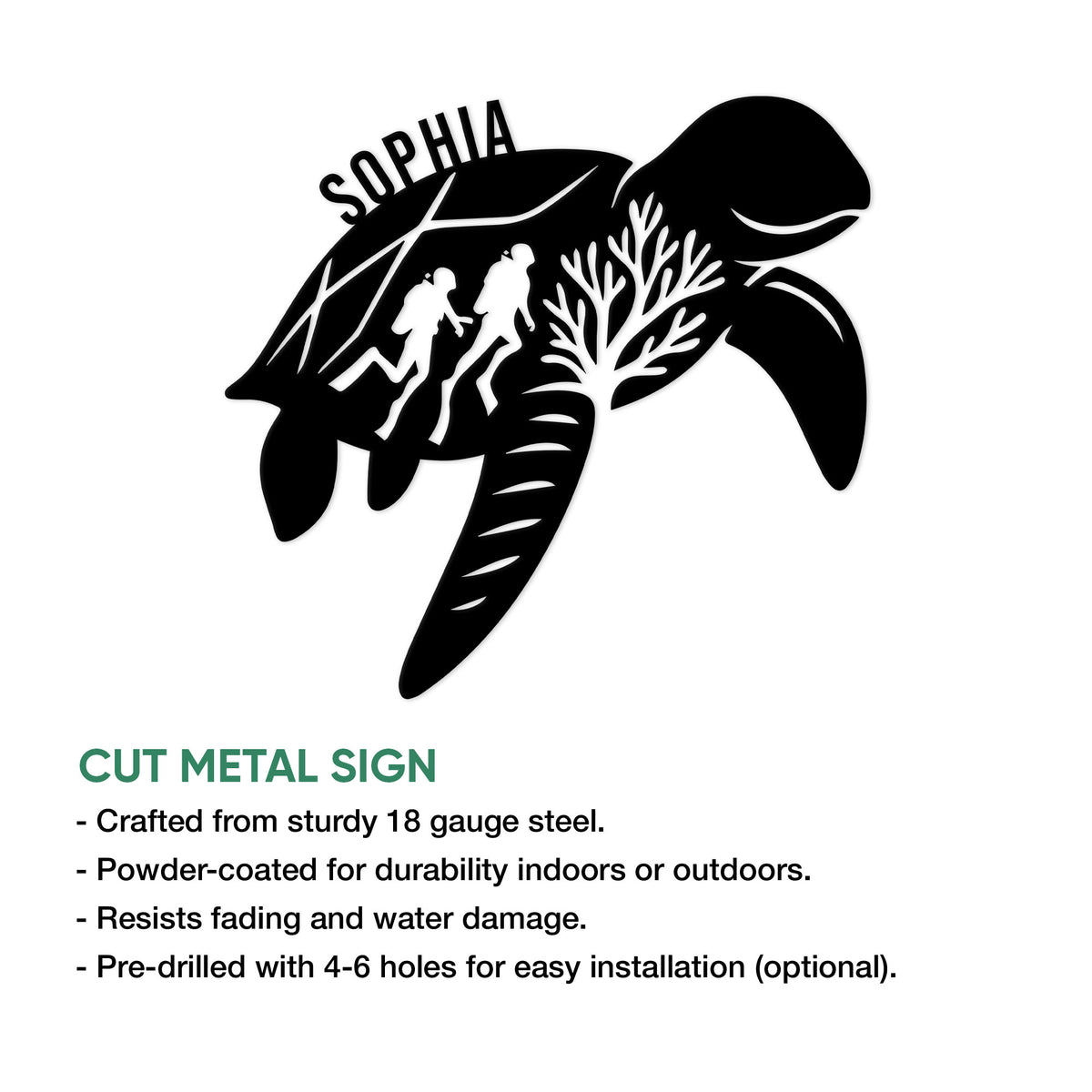 Scuba diving sea turtle metal sign shown with cut-metal construction feature text