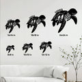 Scuba diving sea turtle sign shown in multiple size options on a living room wall
