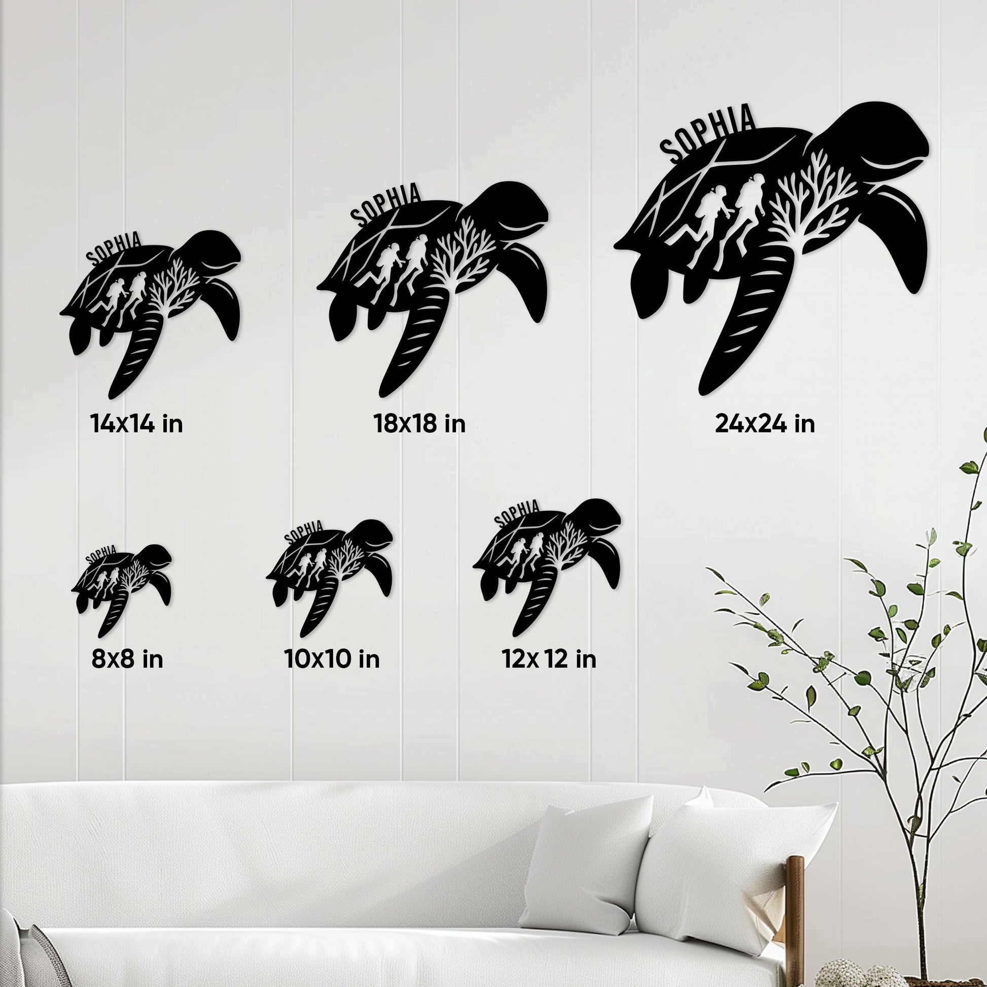 Scuba diving sea turtle sign shown in multiple size options on a living room wall