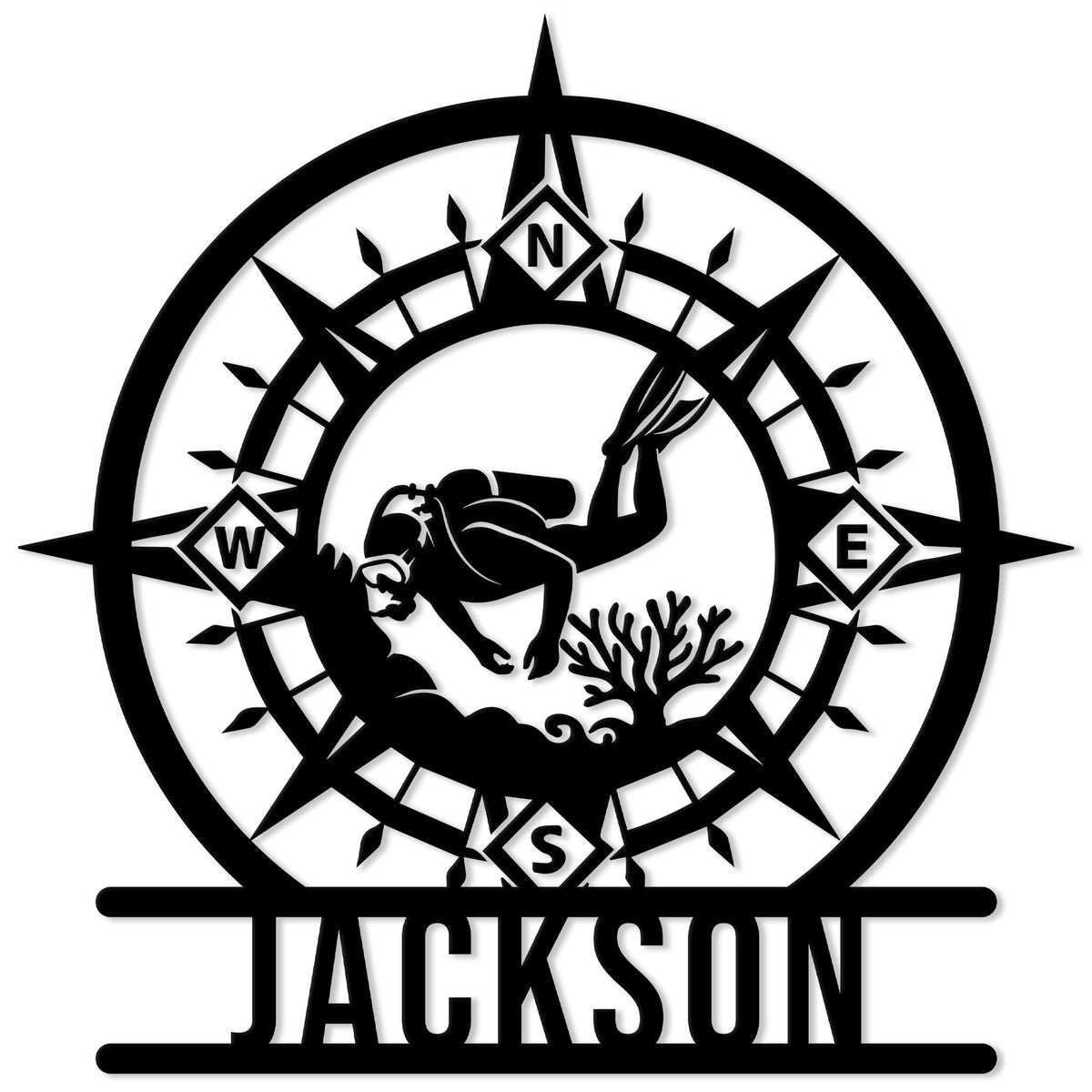 Custom scuba diving metal sign featuring a compass rose, underwater diver, and coral reef silhouette