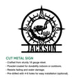 Scuba diver compass metal sign shown with cut steel sign features and indoor or outdoor display details