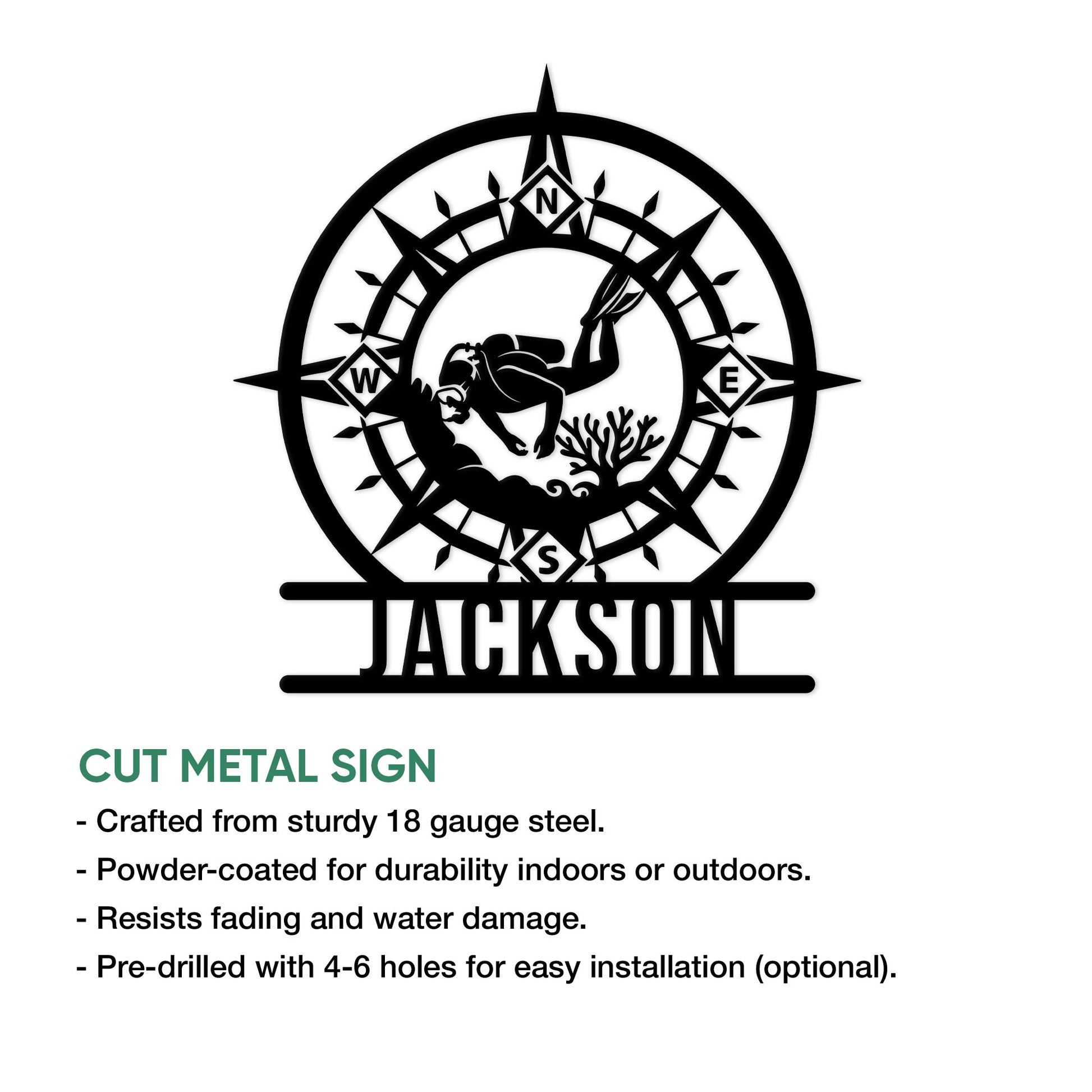 Scuba diver compass metal sign shown with cut steel sign features and indoor or outdoor display details