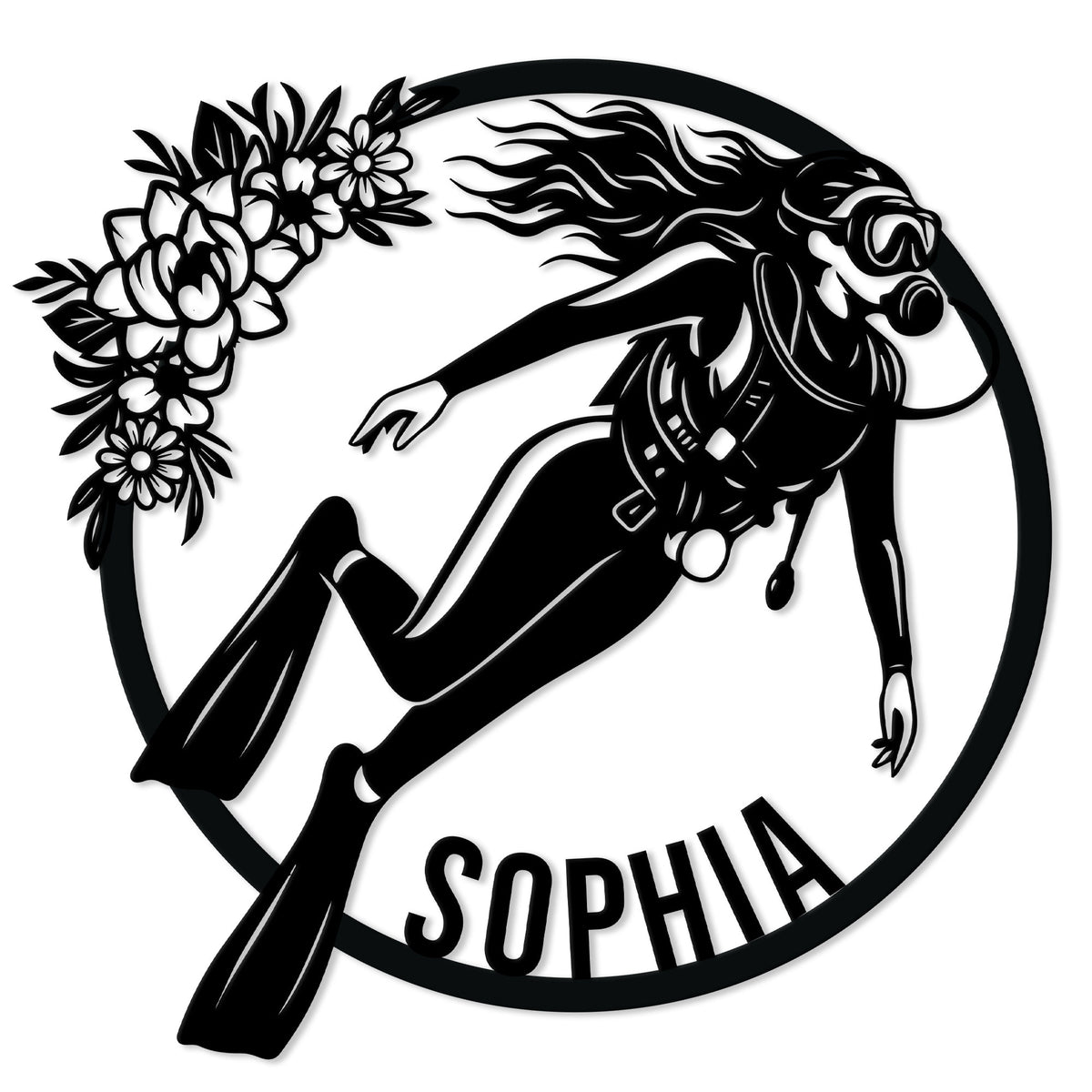 Custom scuba diving metal sign featuring a scuba diver in fins and mask framed by a floral wreath