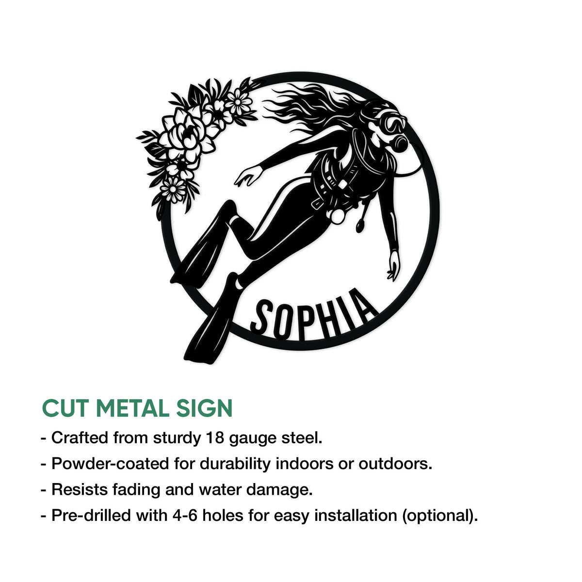 Scuba diving metal sign feature graphic showing a floral diver design and product details