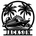 Cruise ship metal sign with tropical palm trees, ocean waves, and a bold circular silhouette design
