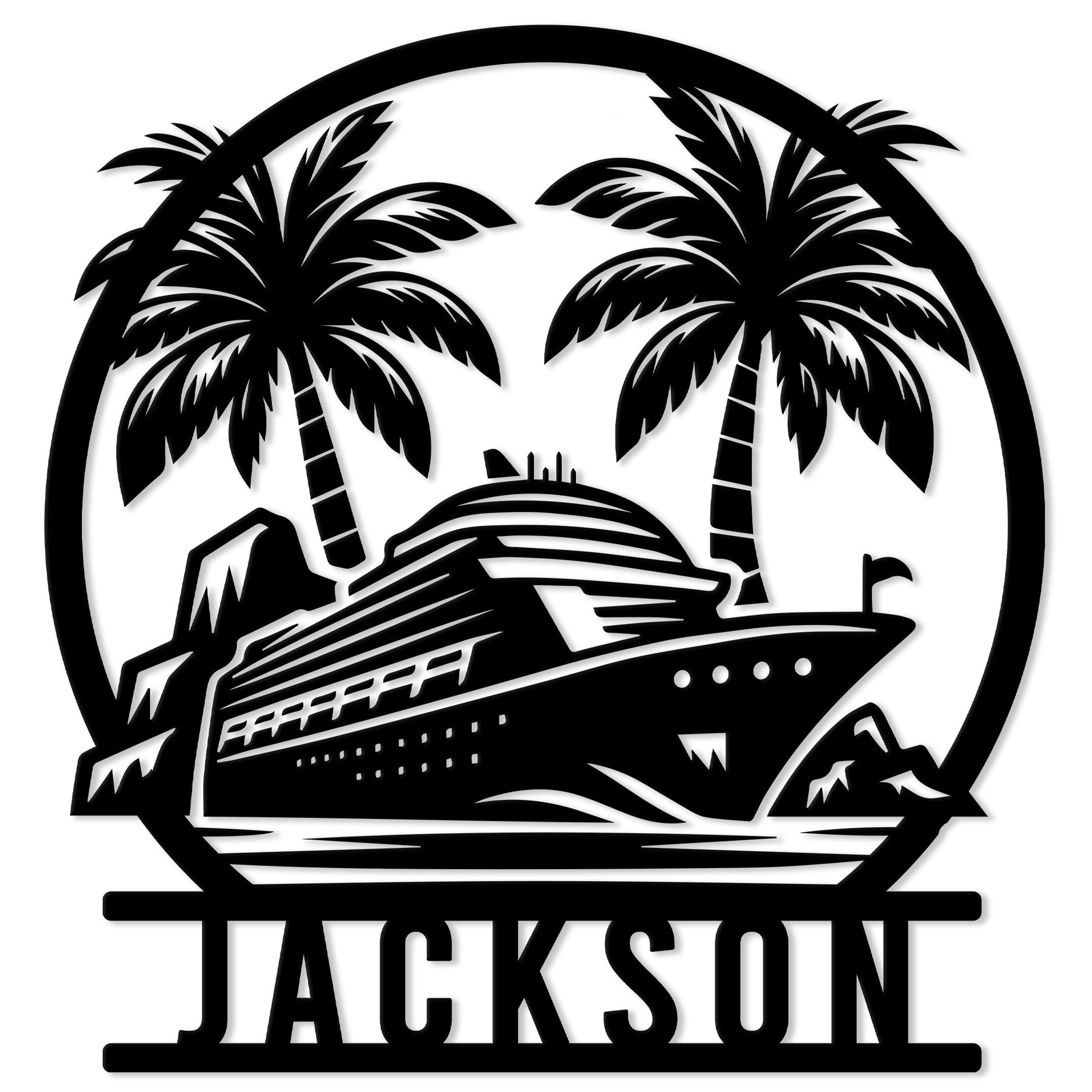 Cruise ship metal sign with tropical palm trees, ocean waves, and a bold circular silhouette design