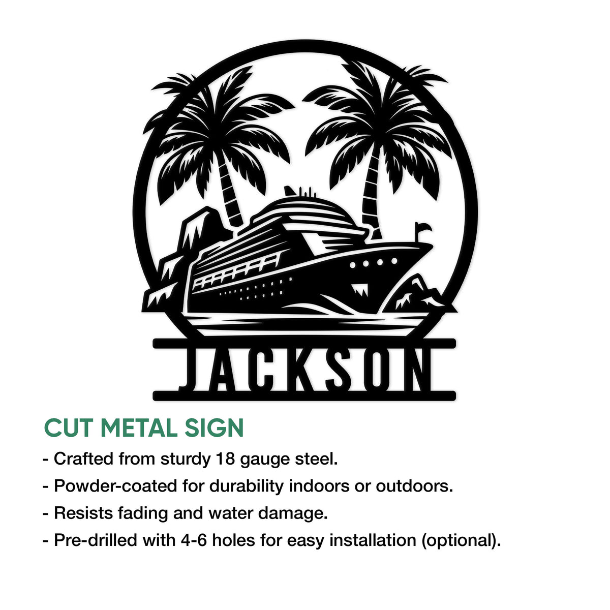 Cruise ship cut metal sign feature graphic showing a tropical ship design for indoor or outdoor decor