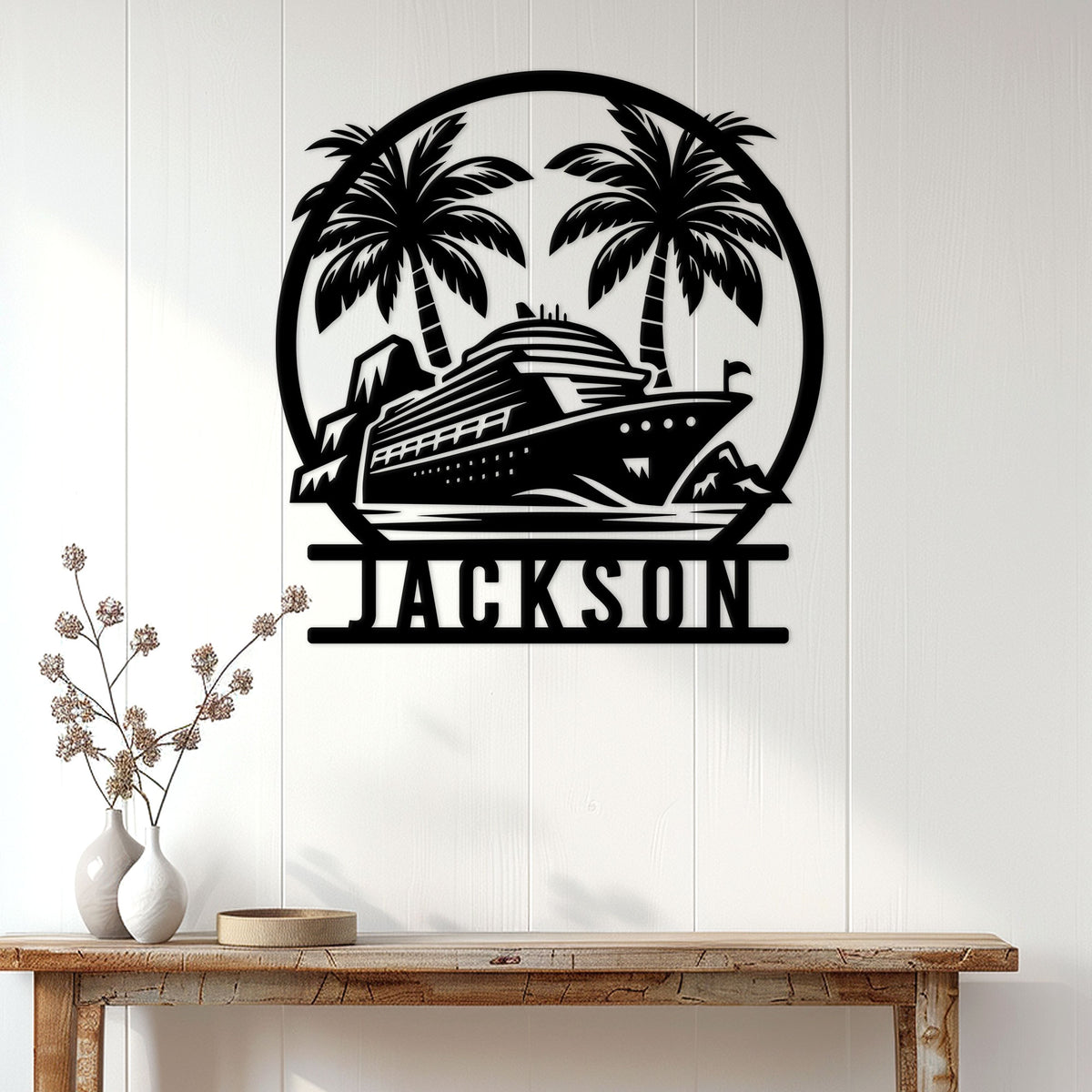 Tropical cruise ship metal wall sign displayed on a white paneled wall above a console table