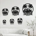 Cruise ship metal sign size guide showing multiple square size options in a living room setting