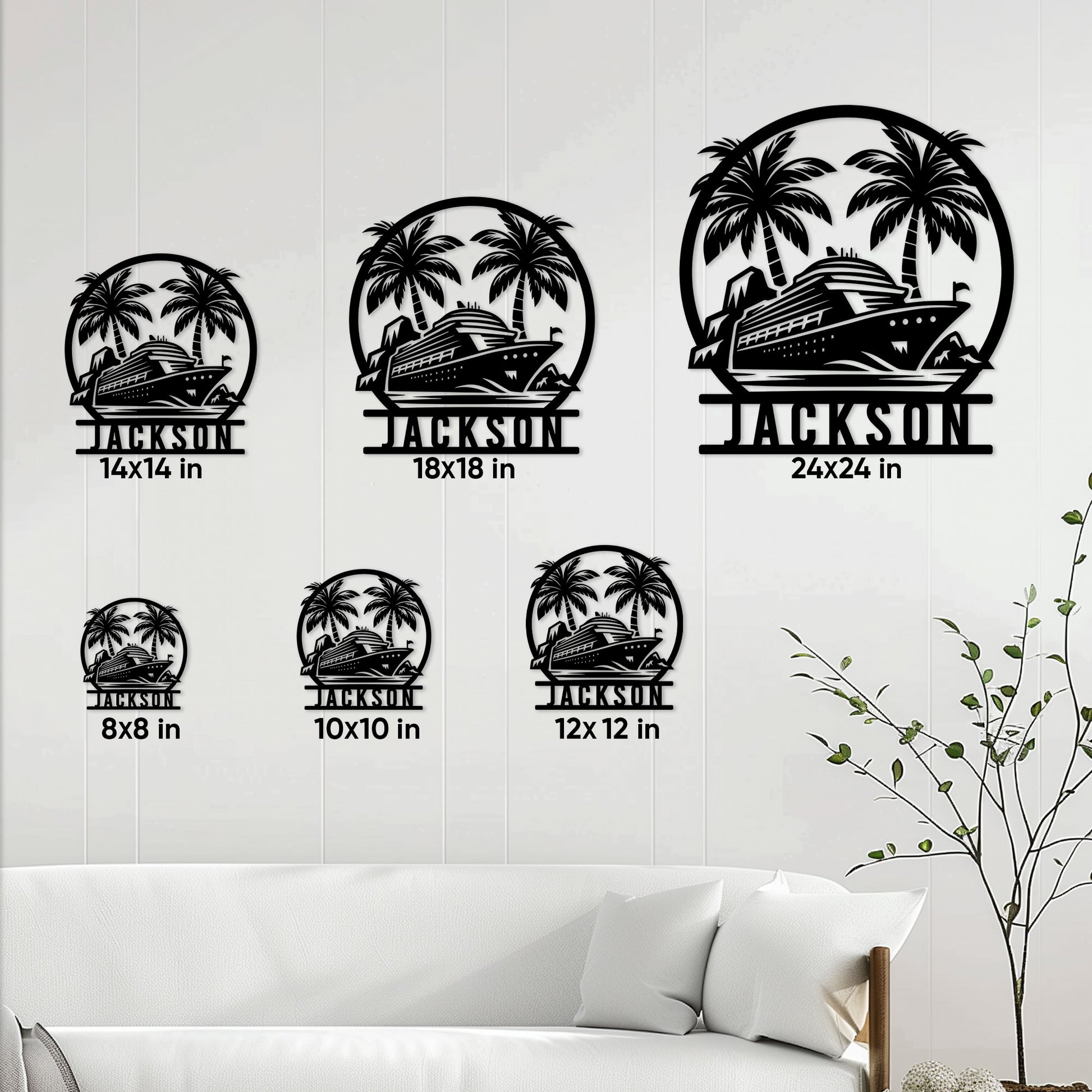 Cruise ship metal sign size guide showing multiple square size options in a living room setting