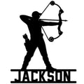 Black metal archery sign featuring a silhouetted archer drawing a bow with an arrow and quiver