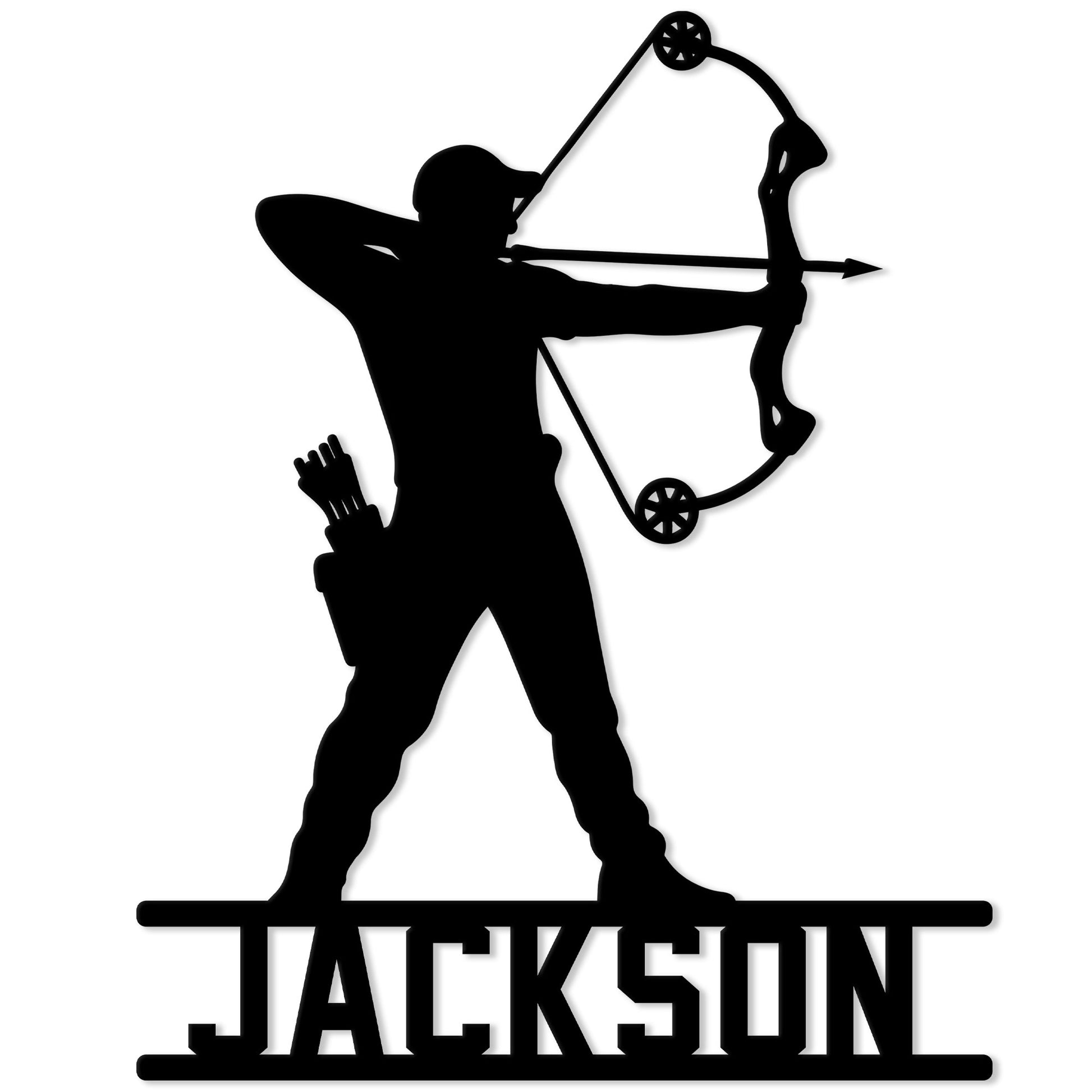 Black metal archery sign featuring a silhouetted archer drawing a bow with an arrow and quiver