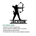 Archery metal sign product infographic showing an archer silhouette and available sign features