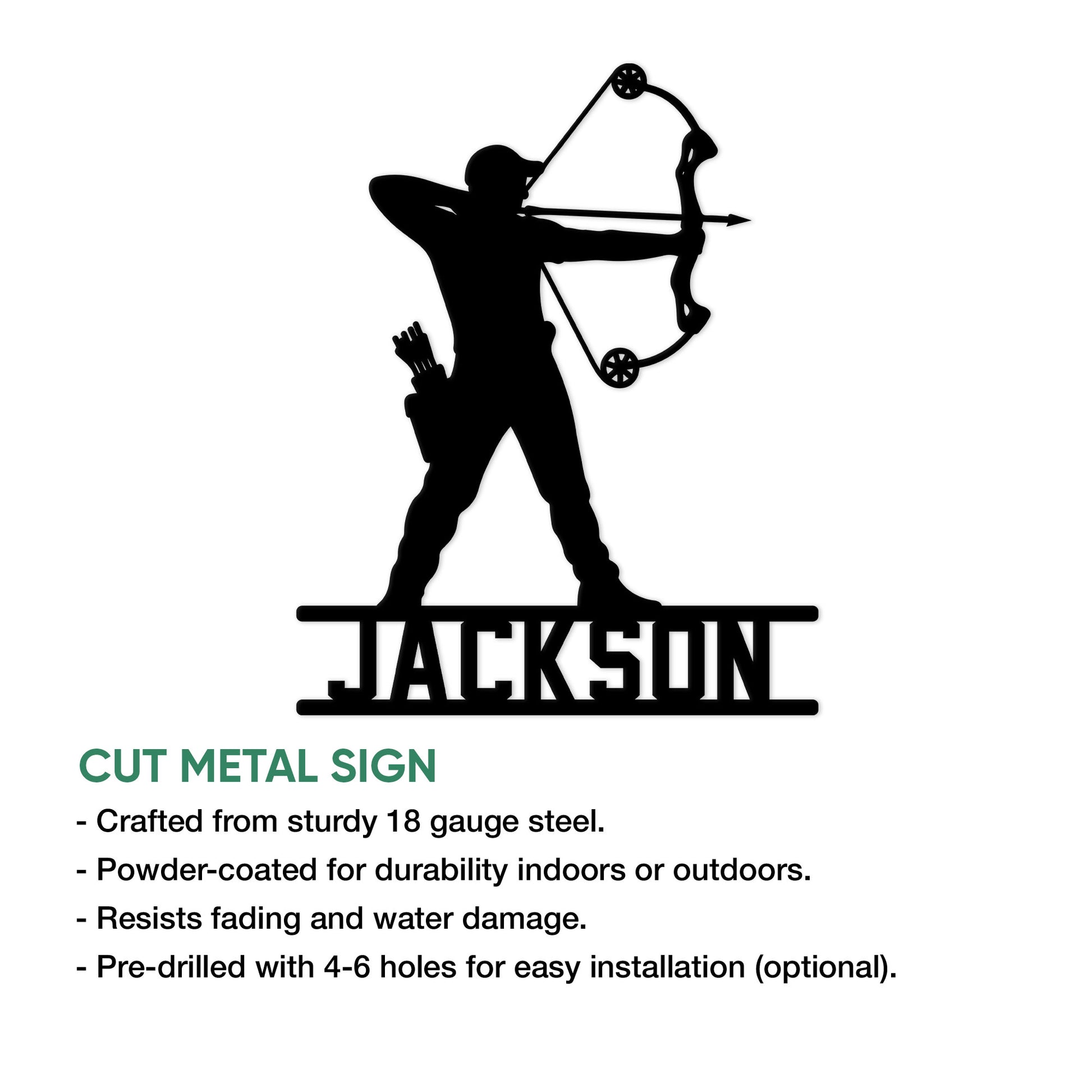 Archery metal sign product infographic showing an archer silhouette and available sign features
