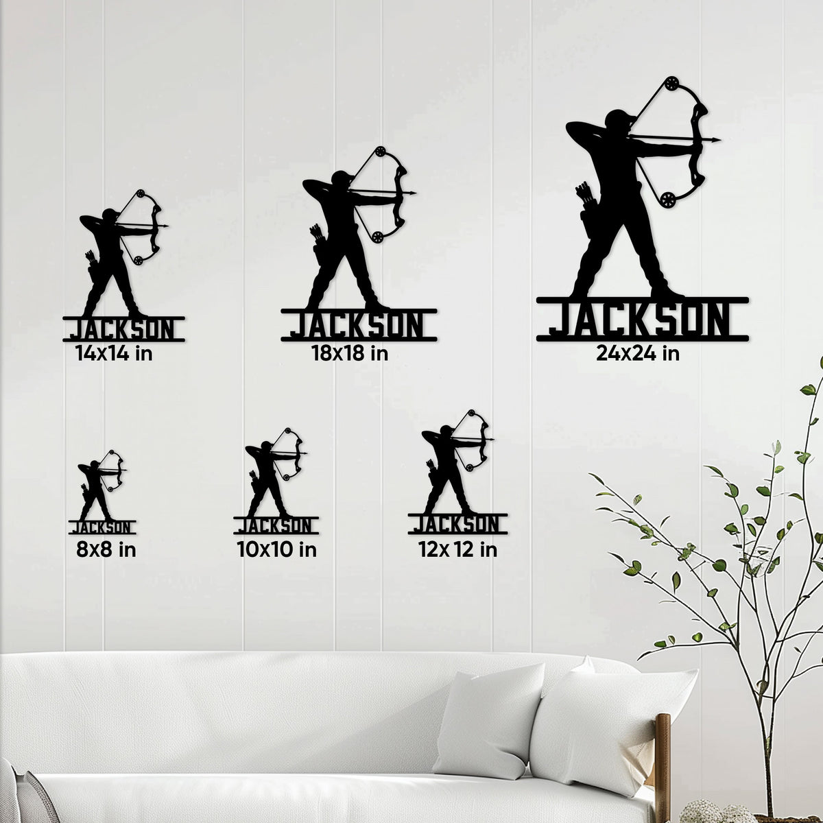 Archery metal sign size guide showing archer silhouettes in multiple square size options