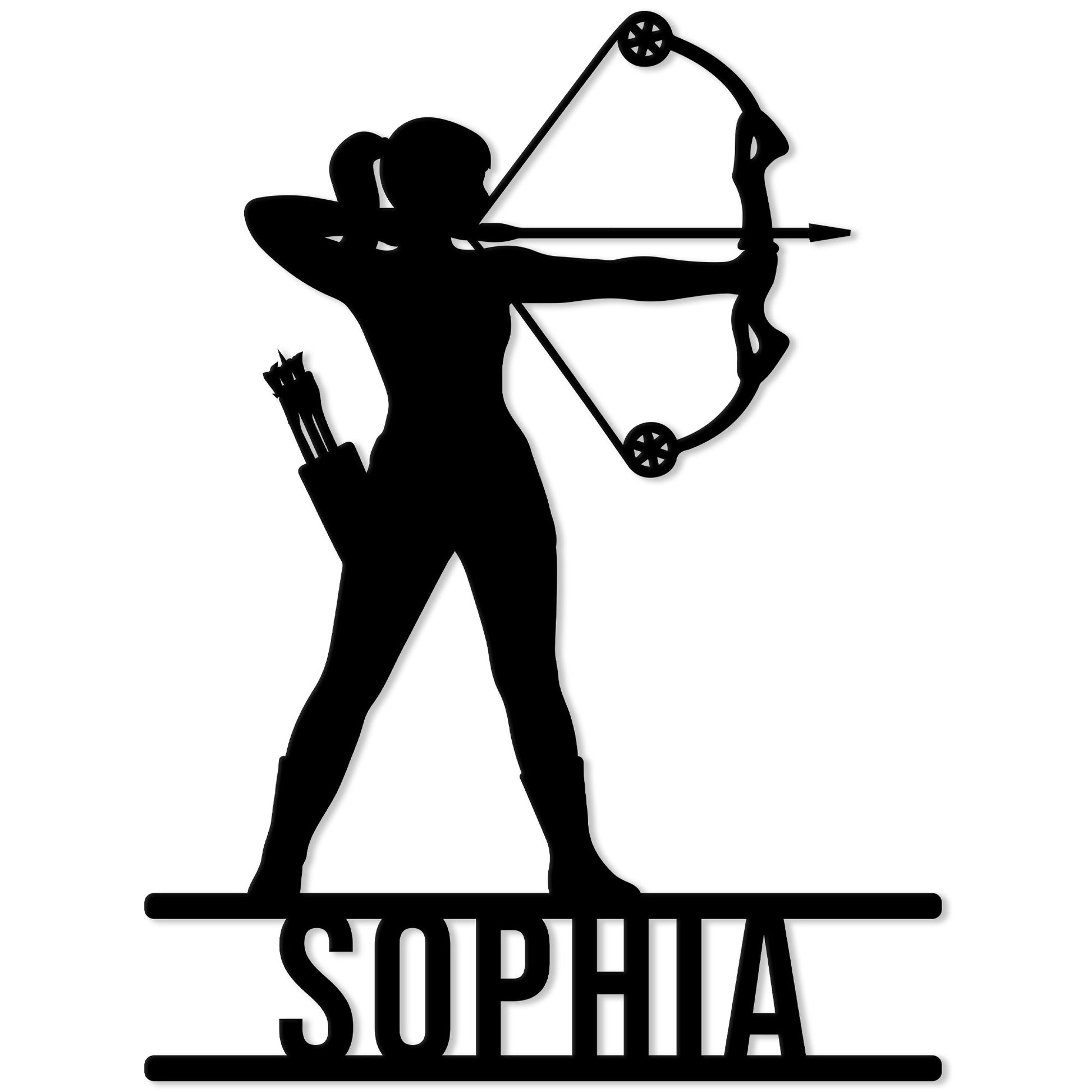 Black silhouette of an archer drawing a bow with an arrow and quiver on a metal sign