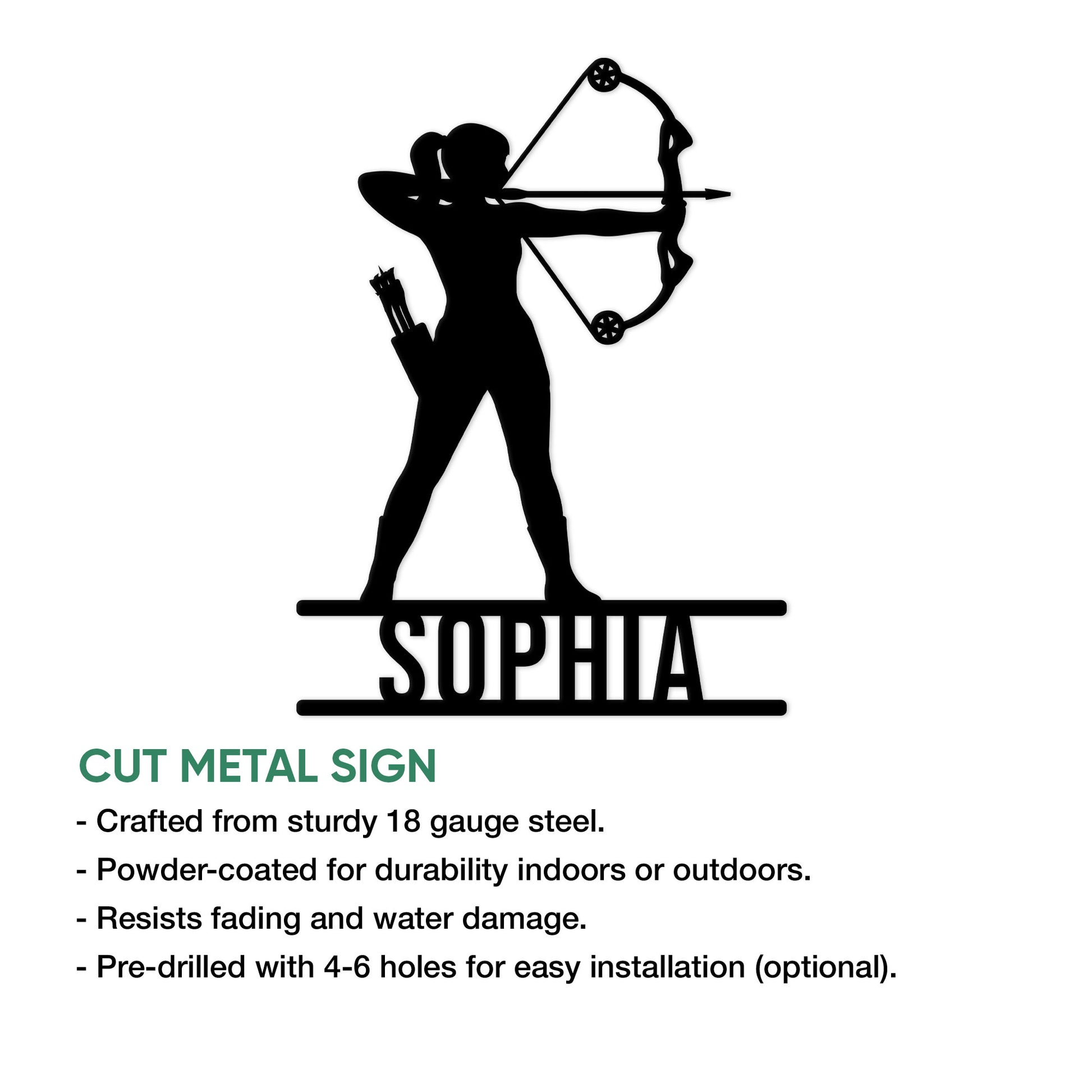 Archer metal sign feature graphic showing cut-metal construction, finish, and mounting information