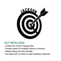 Archery target metal sign shown with an arrow design and cut metal sign feature information