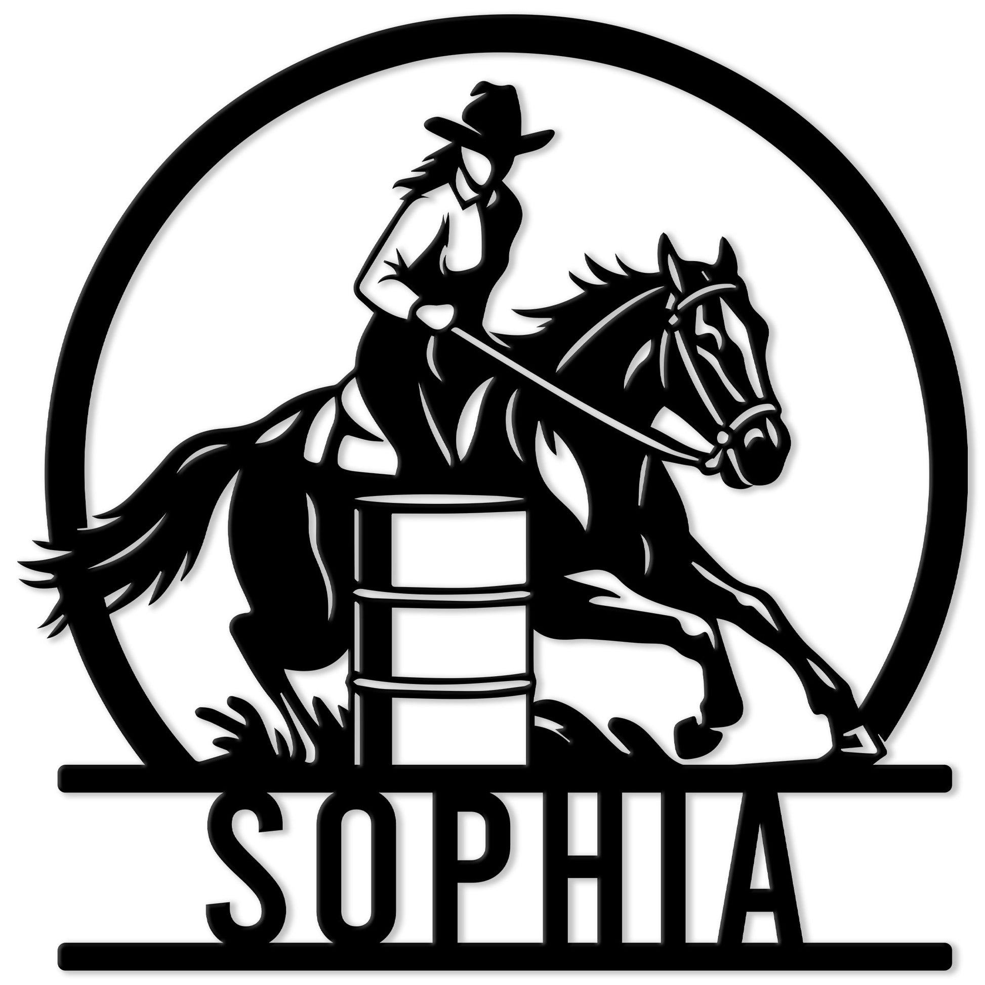 Barrel racing metal sign featuring a mounted rider, running horse, barrel, and bold circular silhouette